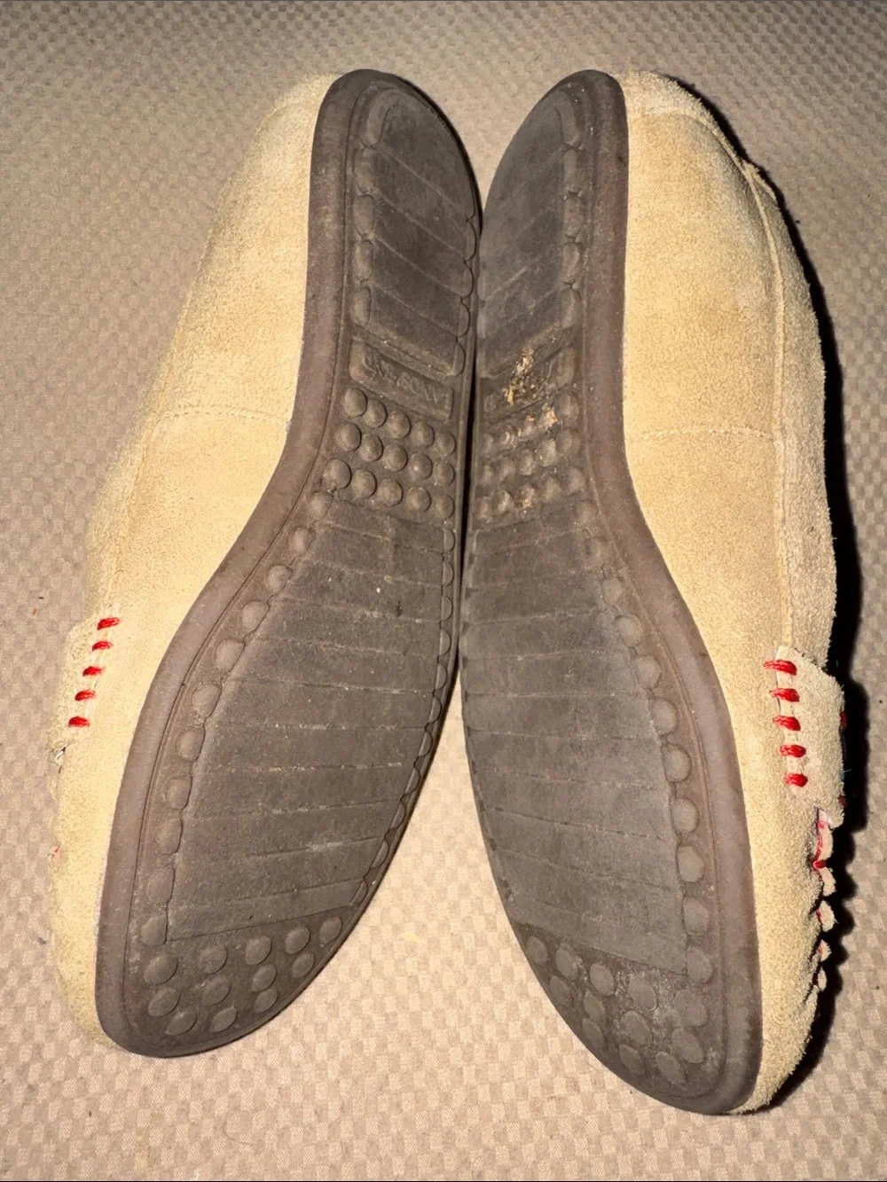 LandsEnd Tan Suede Moccasins Red Interior Multicolor Stitching Girls Size 4 Kids